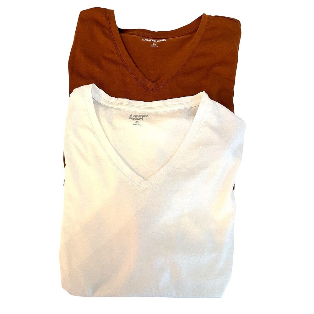 Lands Ends 100% Cotton V-Neck T-Shirt 2 Pack White Rust Brown Size M 10-12